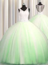 Glamorous See Through Zipple Up V-neck Sleeveless Tulle 15th Birthday Dress Beading and Appliques Brush Train Zipper