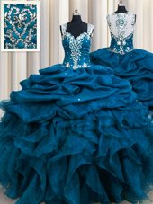 Zipple Up See Through Back Teal Ball Gowns Organza Straps Sleeveless Beading and Ruffles and Sequins and Pick Ups Floor Length Zipper Quinceanera Gowns