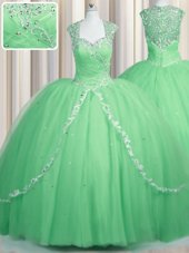 Great Sweetheart Cap Sleeves Tulle Quinceanera Dress Beading and Appliques Brush Train Zipper