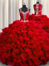 Flirting Zipple Up See Through Back Ball Gowns 15 Quinceanera Dress Wine Red Straps Organza Sleeveless Floor Length Zipper