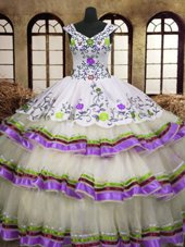 Fine Multi-color V-neck Lace Up Embroidery and Ruffled Layers Vestidos de Quinceanera Sleeveless