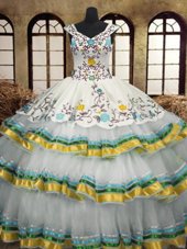 Hot Sale Multi-color A-line Organza V-neck Sleeveless Embroidery and Ruffled Layers Floor Length Lace Up Sweet 16 Dresses
