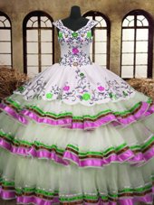 Organza Sleeveless Floor Length Quinceanera Gown and Embroidery and Ruffled Layers