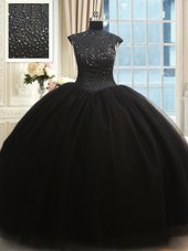 High-neck Cap Sleeves Zipper Ball Gown Prom Dress Black Tulle
