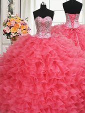 Charming Beaded Bodice Coral Red Quinceanera Dress Military Ball and Sweet 16 and Quinceanera and For with Beading and Ruffles Sweetheart Sleeveless Lace Up