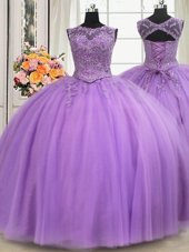 Super See Through Lavender 15th Birthday Dress Military Ball and Sweet 16 and Quinceanera and For with Beading and Appliques Scoop Sleeveless Lace Up