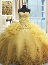 Sweetheart Sleeveless Quinceanera Gown Floor Length Beading and Appliques and Ruffles Yellow Organza