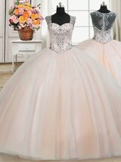 Fancy See Through Back Zipper Up Peach Straps Neckline Beading Quinceanera Gowns Cap Sleeves Zipper