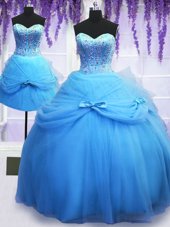 Delicate Three Piece Sleeveless Beading and Bowknot Lace Up 15 Quinceanera Dress