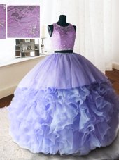 Lavender Ball Gowns Organza and Tulle and Lace Scoop Sleeveless Beading and Lace and Ruffles With Train Zipper Quince Ball Gowns Brush Train