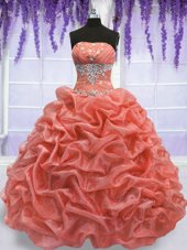 On Sale Watermelon Red and Coral Red Sleeveless Floor Length Beading Lace Up Quinceanera Dress