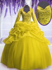 Designer V-neck Long Sleeves Sweet 16 Quinceanera Dress Floor Length Sequins and Pick Ups Yellow Organza