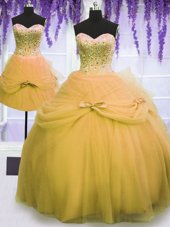Vintage Three Piece Gold Tulle Lace Up Quinceanera Dresses Sleeveless Floor Length Beading and Bowknot