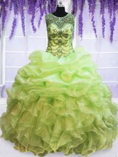 Pick Ups Scoop Sleeveless Lace Up 15th Birthday Dress Yellow Green Organza