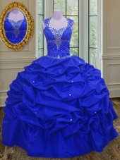 Pick Ups Straps Sleeveless Lace Up 15 Quinceanera Dress Royal Blue Taffeta