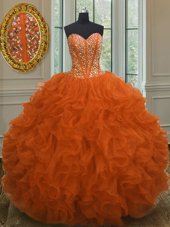 Graceful Orange Red Quince Ball Gowns Military Ball and Sweet 16 and Quinceanera and For with Beading and Ruffles Sweetheart Sleeveless Lace Up