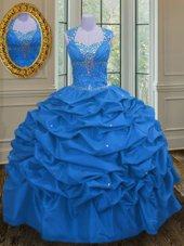 Ideal Straps Straps Taffeta Sleeveless Floor Length Quince Ball Gowns and Beading and Pick Ups