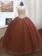 Fantastic Scoop Burgundy Organza Lace Up Quinceanera Dress Long Sleeves Sweep Train Beading and Sequins