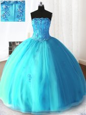 Graceful Floor Length Ball Gowns Sleeveless Baby Blue Quinceanera Dresses Lace Up