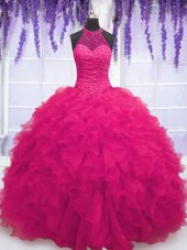 Hot Pink High-neck Neckline Beading and Ruffles Quince Ball Gowns Sleeveless Lace Up