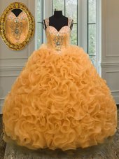 Clearance Orange Vestidos de Quinceanera Military Ball and Sweet 16 and Quinceanera and For with Beading and Ruffles Sweetheart Sleeveless Zipper