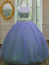 Scoop Sleeveless Quinceanera Gown Floor Length Ruffled Layers and Sashes|ribbons Lavender Tulle
