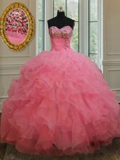 Organza Sweetheart Sleeveless Lace Up Beading and Ruffles Quinceanera Gown in Rose Pink