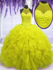 Yellow Ball Gowns High-neck Sleeveless Organza Floor Length Lace Up Beading and Ruffles Sweet 16 Dress