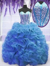 Low Price Sleeveless Beading and Ruffles Lace Up Quinceanera Dresses with Baby Blue Sweep Train