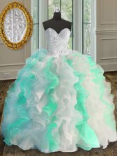 Sleeveless Floor Length Beading and Ruffles Lace Up Quince Ball Gowns with Multi-color