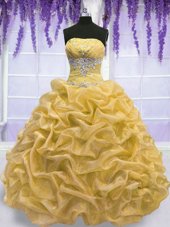 Superior Gold Organza Lace Up 15 Quinceanera Dress Sleeveless Floor Length Beading