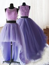 Fitting Three Piece Scoop Sleeveless Organza and Tulle and Lace Quinceanera Dress Beading and Lace and Ruffles Brush Train Zipper
