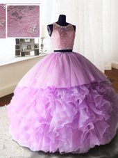 Sophisticated Lilac Organza and Tulle and Lace Zipper Scoop Sleeveless With Train Quinceanera Dresses Brush Train Beading and Lace and Ruffles