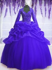 Exceptional Royal Blue V-neck Neckline Sequins and Pick Ups 15 Quinceanera Dress Long Sleeves Zipper