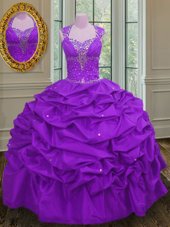 Straps Straps Beading and Pick Ups Quinceanera Dress Purple Lace Up Sleeveless Floor Length