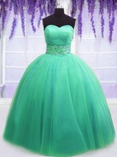 Turquoise Ball Gowns Sweetheart Sleeveless Tulle Floor Length Lace Up Beading and Belt Ball Gown Prom Dress