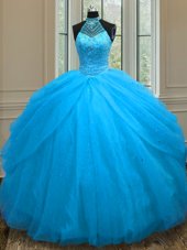 Popular Tulle Sweetheart Sleeveless Lace Up Beading Vestidos de Quinceanera in Baby Blue