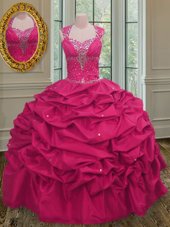 Spectacular Straps Straps Beading and Pick Ups Sweet 16 Dresses Hot Pink Lace Up Sleeveless Floor Length