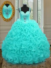 Chic Straps Straps Aqua Blue Sleeveless Beading and Ruffles Floor Length Sweet 16 Quinceanera Dress