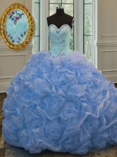 Baby Blue Organza Lace Up Sweetheart Sleeveless Floor Length 15th Birthday Dress Beading