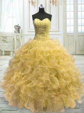 Custom Design Floor Length Lace Up Sweet 16 Dress Light Yellow and In for Military Ball and Sweet 16 and Quinceanera with Beading and Ruffles