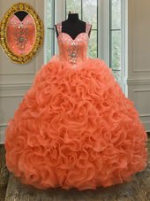 Best Straps Straps Orange Red Ball Gowns Beading and Ruffles Quinceanera Gowns Zipper Organza Sleeveless Floor Length