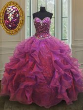 Cute Sleeveless Floor Length Beading and Ruffles Lace Up Sweet 16 Dress with Purple
