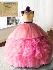 Scoop Sleeveless Brush Train Zipper Sweet 16 Dresses Rose Pink Organza and Tulle and Lace