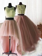 Three Piece Scoop Beading and Lace and Ruffles Quince Ball Gowns Baby Pink Zipper Sleeveless With Brush Train