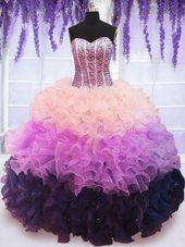 Multi-color Organza Lace Up Sweetheart Sleeveless Floor Length 15th Birthday Dress Beading and Ruffles and Ruffled Layers