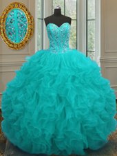 Delicate Aqua Blue Organza Lace Up 15th Birthday Dress Sleeveless Floor Length Beading and Ruffles