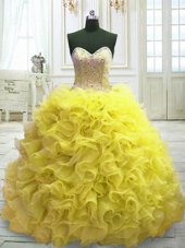Glamorous Beading and Ruffles Sweet 16 Quinceanera Dress Yellow Lace Up Sleeveless Sweep Train