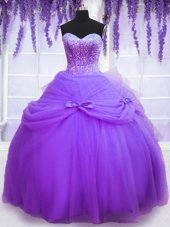 Floor Length Lace Up Quinceanera Dress Lavender and In with Beading and Bowknot