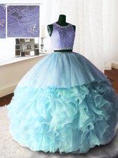 Inexpensive Brush Train Ball Gowns 15 Quinceanera Dress Baby Blue Scoop Organza and Tulle and Lace Sleeveless With Train Zipper
